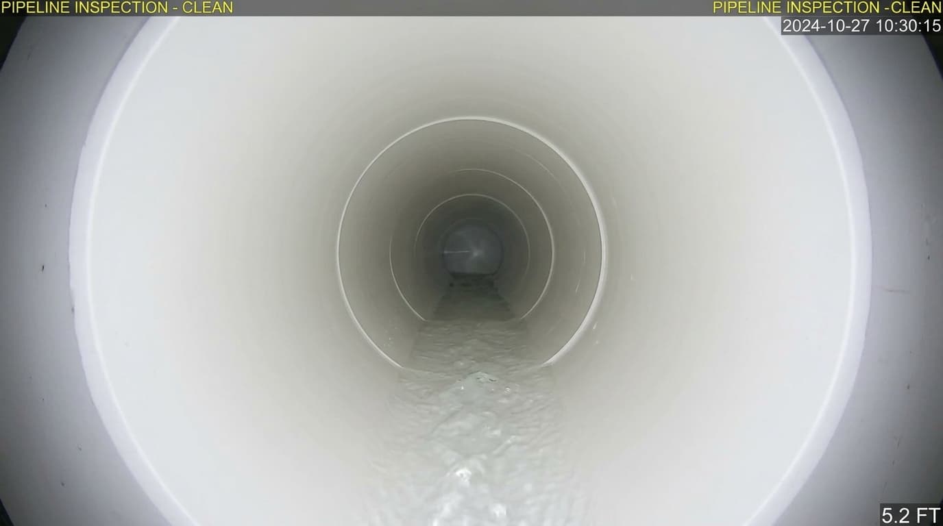Camera inspection of clean restored drain pipe with clear water flow after hydro-jetting