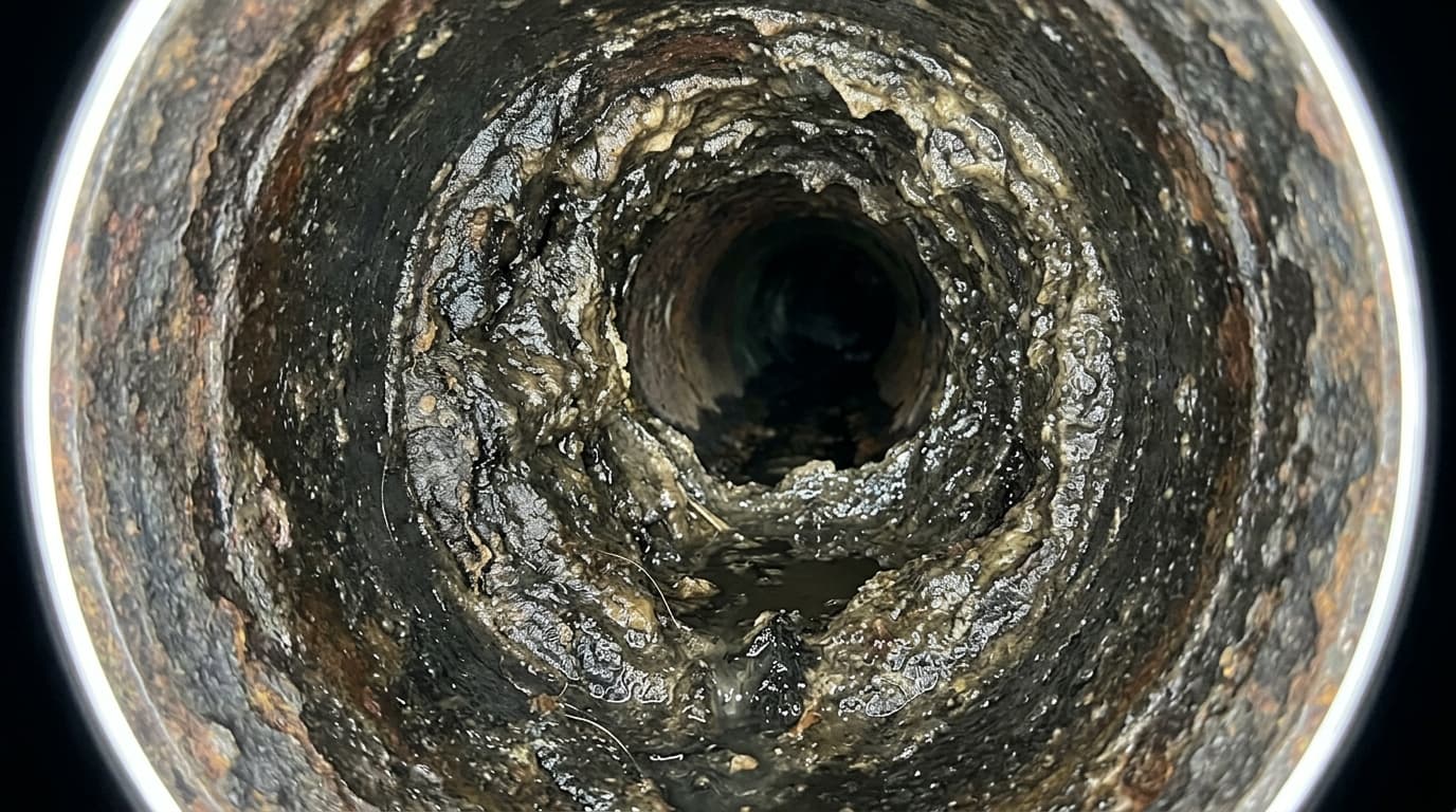 Camera inspection of clogged drain pipe with heavy grease buildup before cleaning