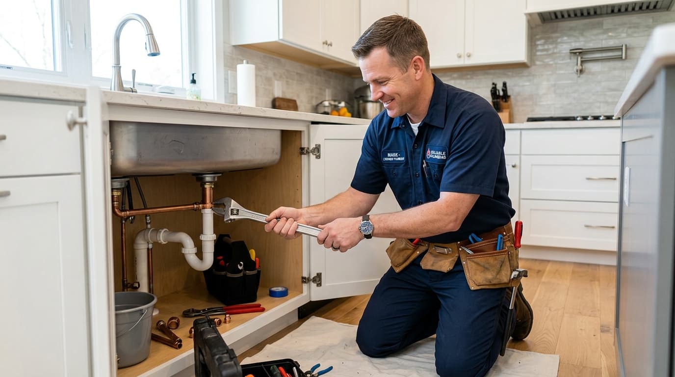 Professional licensed plumber performing under-sink plumbing repair in a Charlotte home